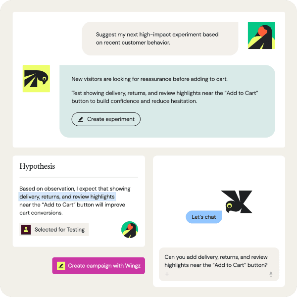 Wingz AI agents turning a request into ranked test ideas, with autonomy levels from propose and approve to autopilot, and safeguards such as approval gates and a kill switch