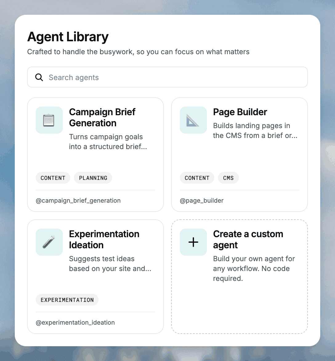 Optimizely Agent Platform (Opal) lets marketing teams hand everyday work to pre-built or custom AI agents