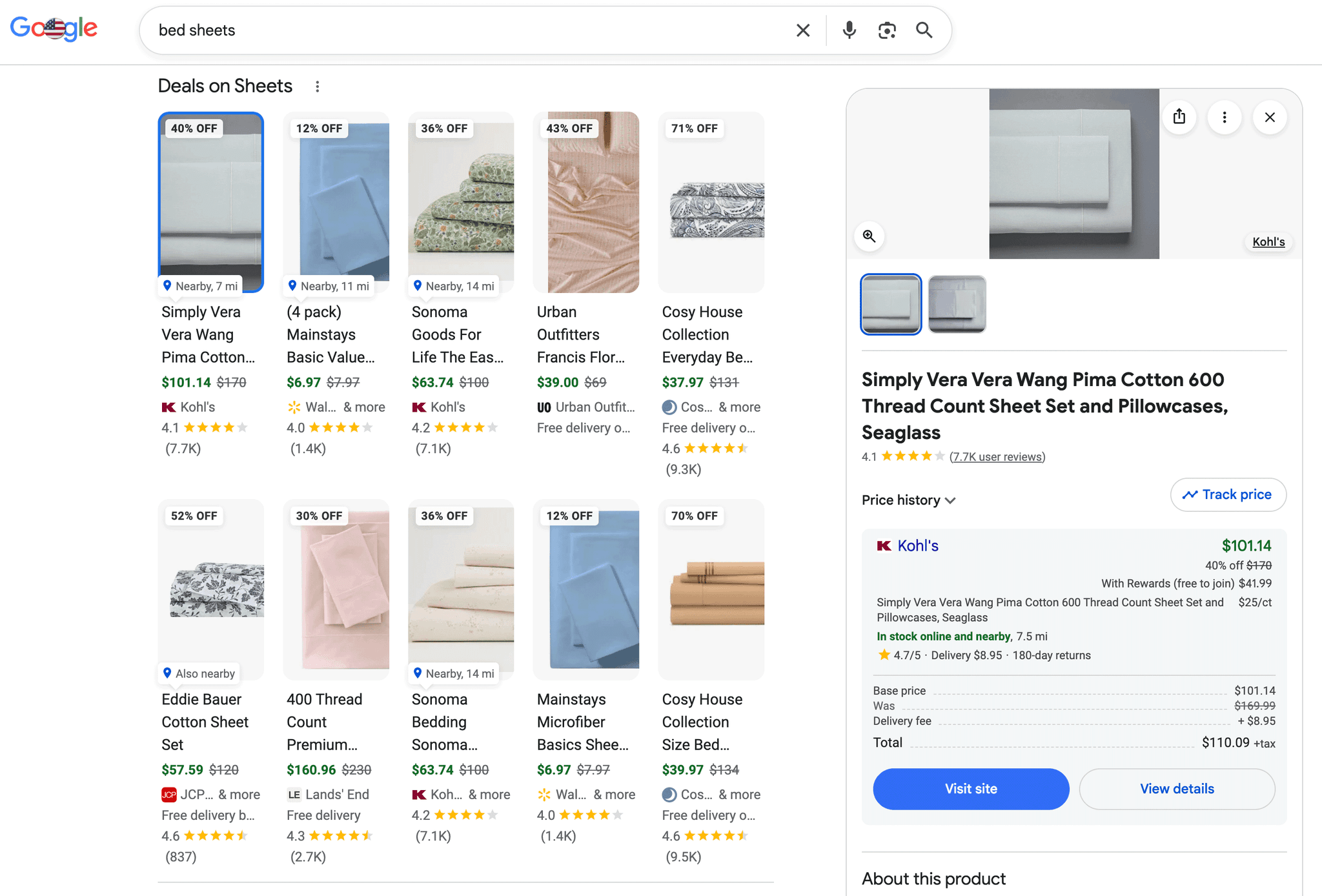 Google Shopping product grid showing how ecommerce results appear in Google Search, with pricing, discounts, nearby availability and a product detail panel.