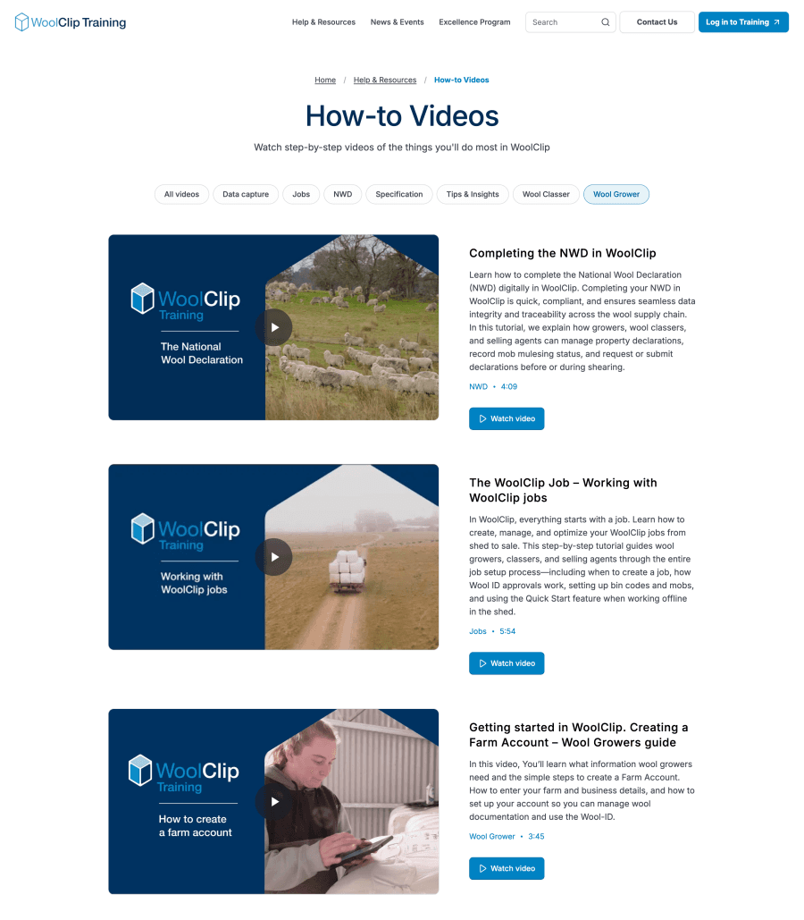 How-to videos filtered by the Wool Grower tag, so users land directly on content relevant to their role rather than browsing through a generic list.